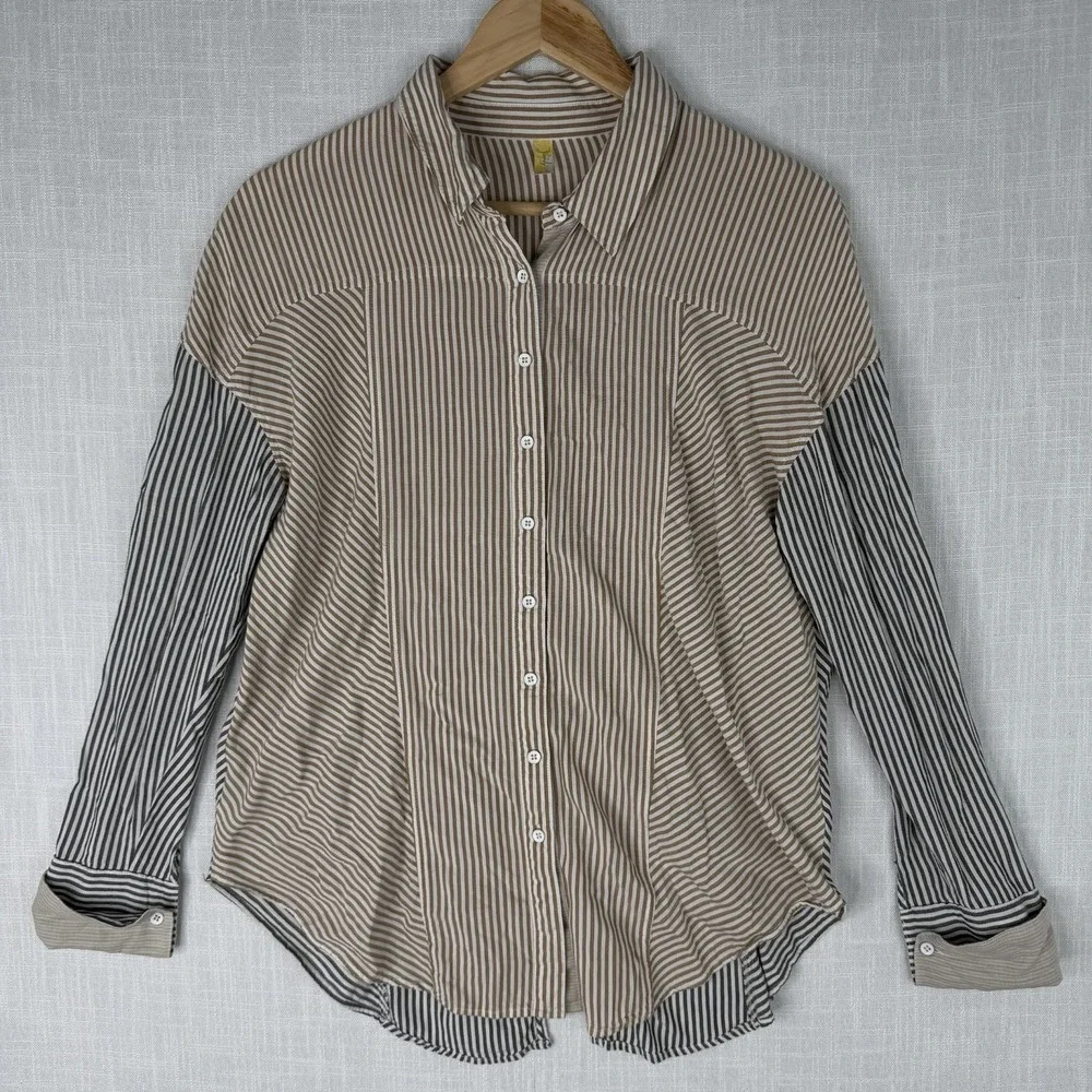 Free People Ivory Striped 100% Cotton Button Down Long Sleeve Blouse Sz S Petite